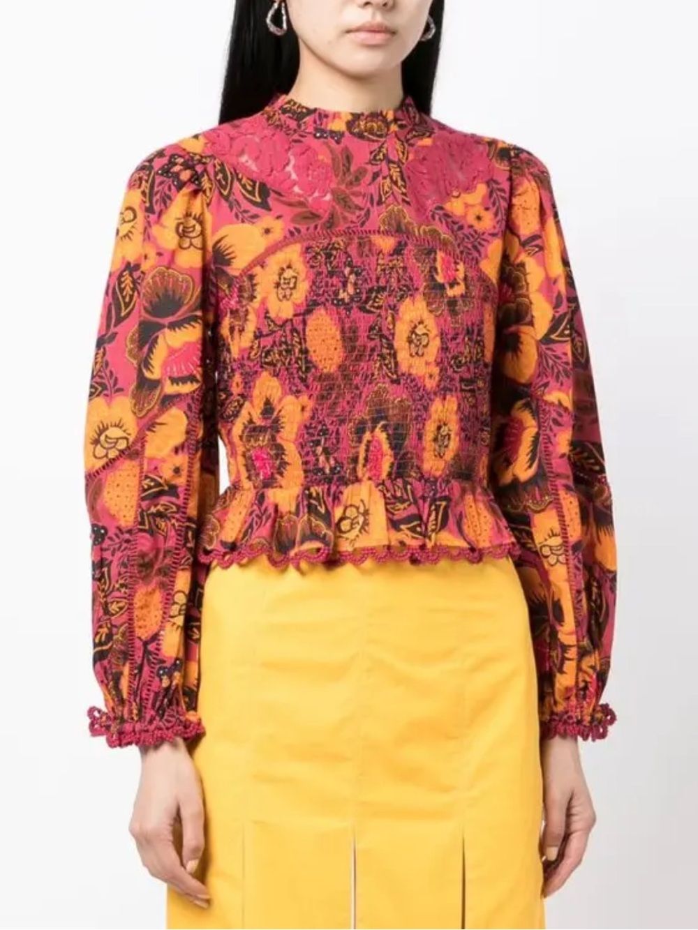 Farm Rio Smocked Floral Long-Sleeve Top in Pink and Yellow